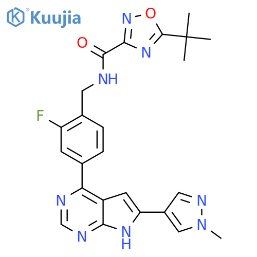 5-Tert-butyl-N-[[2-fluoro-4-[6-(1-methylpyrazol-4-yl)-7H-pyrrolo[2,3-d]pyrimidin-4-yl]phenyl]methyl]-1,2,4-oxadiazole-3-carboxamide structure