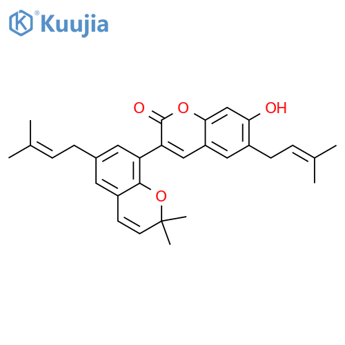 7-Hydroxy-2′,2′-dimethyl-6,6′-bis(3-methyl-2-buten-1-yl)[3,8′-bi-2H-1-benzopyran]-2-one  structure