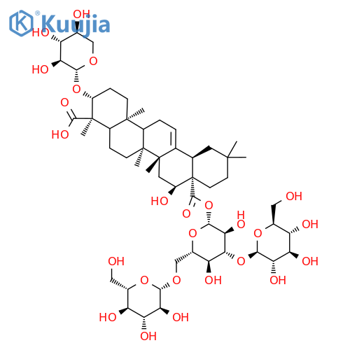 Olean-12-ene-23,28-dioic acid, 16-hydroxy-3-(β-D-xylopyranosyloxy)-, 28-(O-β-D-glucopyranosyl-(1→3)-O-[β-D-glucopyranosyl-(1→6)]-β-D-glucopyranosyl) ester, (3β,4α,16α)- structure