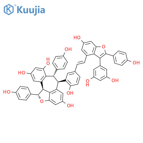 Benzo[6,7]cyclohepta[1,2,3-cd]benzofuran-4,8,10-triol, 6-[5-[(1E)-2-[3-(3,5-dihydroxyphenyl)-6-hydroxy-2-(4-hydroxyphenyl)-4-benzofuranyl]ethenyl]-2-hydroxyphenyl]-1,6,7,11b-tetrahydro-1,7-bis(4-hydroxyphenyl)-, (1S,6R,7S,11bS)- structure