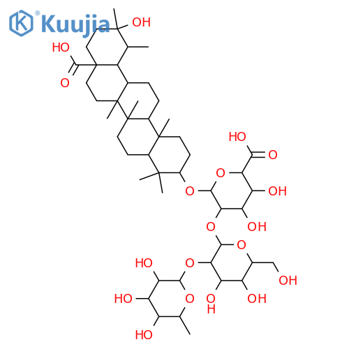 β-D-Glucopyranosiduronic acid, (3β,19α,20β)-17-carboxy-20-hydroxy-28-norursan-3-yl O-6-deoxy-α-L-mannopyranosyl-(1→2)-O-β-D-galactopyranosyl-(1→2)- structure