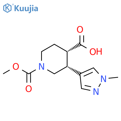 rac-(3R,4S)-1-(methoxycarbonyl)-3-(1-methyl-1H-pyrazol-4-yl)piperidine-4-carboxylic acid structure