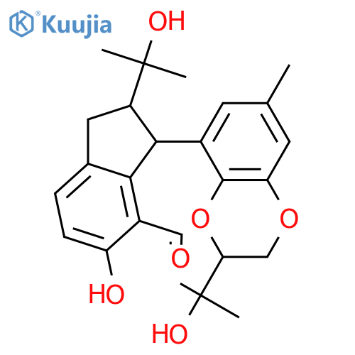 3-[2,3-Dihydro-3-(1-hydroxy-1-methylethyl)-7-methyl-1,4-benzodioxin-5-yl]-2,3-dihydro-5-hydroxy-2-(1-hydroxy-1-methylethyl)-1H-indene-4-carboxaldehyde; (2S,3R,3'S)-form structure