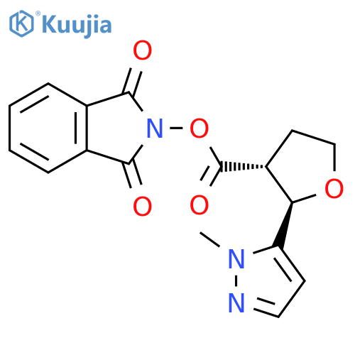 rac-1,3-dioxo-2,3-dihydro-1H-isoindol-2-yl (2R,3R)-2-(1-methyl-1H-pyrazol-5-yl)oxolane-3-carboxylate structure