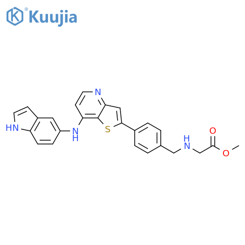 Glycine, N-[[4-[7-(1H-indol-5-ylamino)thieno[3,2-b]pyridin-2-yl]phenyl]methyl]-, methyl ester structure