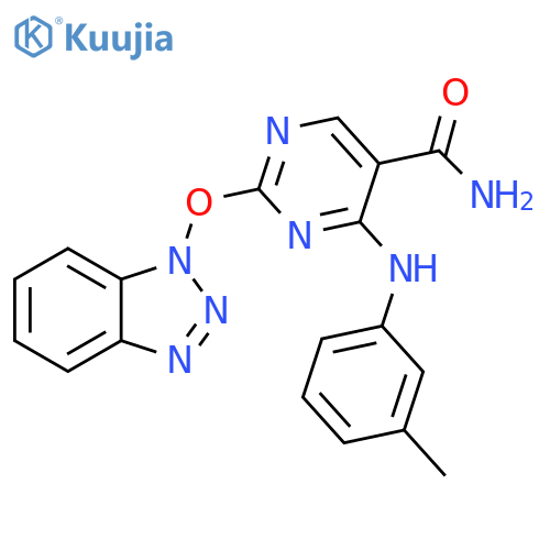 2-((1H-benzo[d][1,2,3]triazol-1-yl)oxy)-4-(m-tolylamino)pyrimidin-5-carboxamide structure