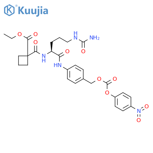 Ethyl (S)-1-((1-((4-((((4-nitrophenoxy)carbonyl)oxy)methyl)phenyl)amino)-1-oxo-5-ureidopentan-2-yl)carbamoyl)cyclobutane-1-carboxylate structure