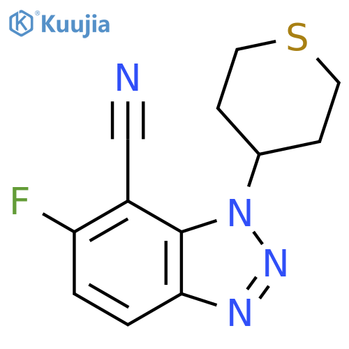 6-fluoro-1-(thian-4-yl)-1H-1,2,3-benzotriazole-7-carbonitrile structure