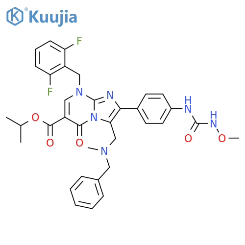 Imidazo[1,2-a]pyrimidine-6-carboxylic acid,8-[(2,6-difluorophenyl)methyl]-5,8-dihydro-2-[4-[[(methoxyamino)carbonyl]amino]phenyl]-3-[[methyl(phenylmethyl)amino]methyl]-5-oxo-,1-methylethyl ester structure