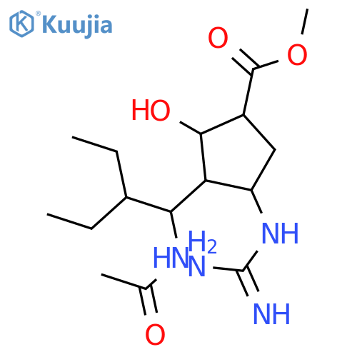 Methyl (1S,2S,3R,4R)-3-[(1R)-1-acetamido-2-ethylbutyl]-4-carbamimidamido-2-hydroxycyclopentanecarboxylate structure