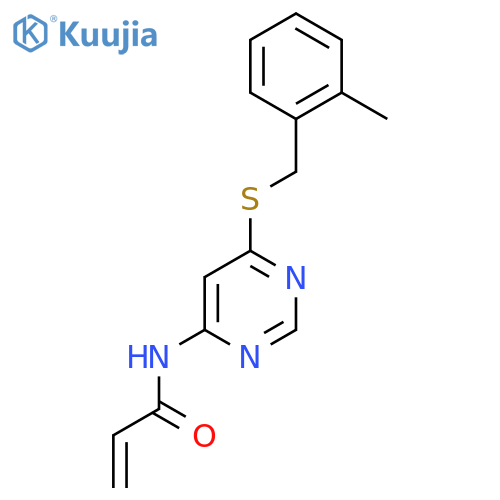 N-(6-{(2-methylphenyl)methylsulfanyl}pyrimidin-4-yl)prop-2-enamide structure