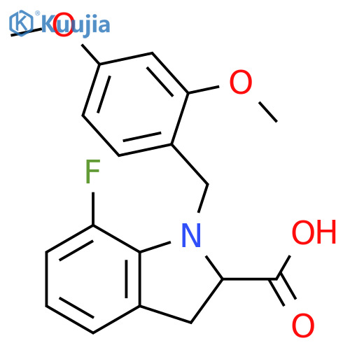 1-[(2,4-dimethoxyphenyl)methyl]-7-fluoro-indoline-2-carboxylic acid structure