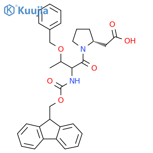 2-(2R)-1-3-(benzyloxy)-2-({(9H-fluoren-9-yl)methoxycarbonyl}amino)butanoylpyrrolidin-2-ylacetic acid structure