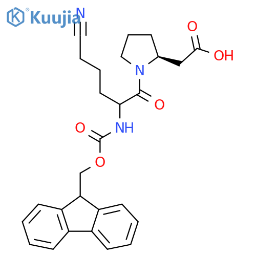 2-(2S)-1-5-cyano-2-({(9H-fluoren-9-yl)methoxycarbonyl}amino)pentanoylpyrrolidin-2-ylacetic acid structure