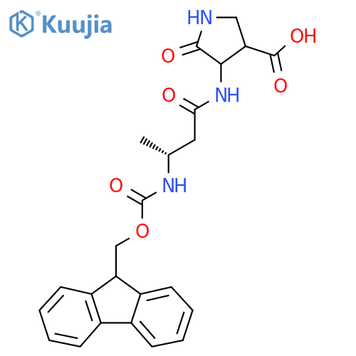 4-(3R)-3-({(9H-fluoren-9-yl)methoxycarbonyl}amino)butanamido-5-oxopyrrolidine-3-carboxylic acid structure