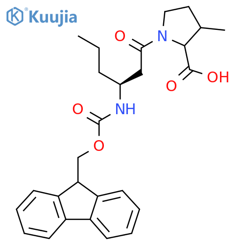 1-(3S)-3-({(9H-fluoren-9-yl)methoxycarbonyl}amino)hexanoyl-3-methylpyrrolidine-2-carboxylic acid structure