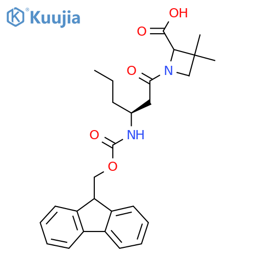 1-(3S)-3-({(9H-fluoren-9-yl)methoxycarbonyl}amino)hexanoyl-3,3-dimethylazetidine-2-carboxylic acid structure