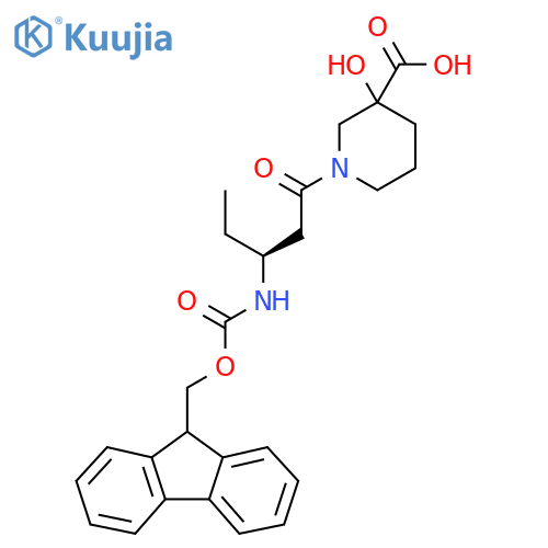 1-(3S)-3-({(9H-fluoren-9-yl)methoxycarbonyl}amino)pentanoyl-3-hydroxypiperidine-3-carboxylic acid structure