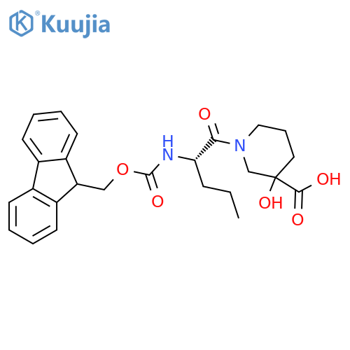 1-(2S)-2-({(9H-fluoren-9-yl)methoxycarbonyl}amino)pentanoyl-3-hydroxypiperidine-3-carboxylic acid structure