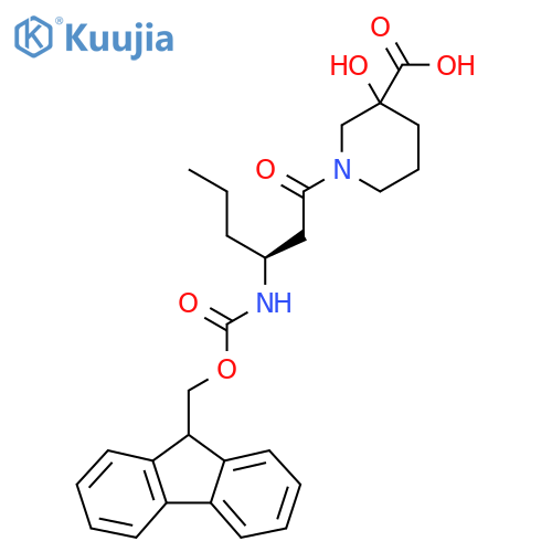 1-(3S)-3-({(9H-fluoren-9-yl)methoxycarbonyl}amino)hexanoyl-3-hydroxypiperidine-3-carboxylic acid structure