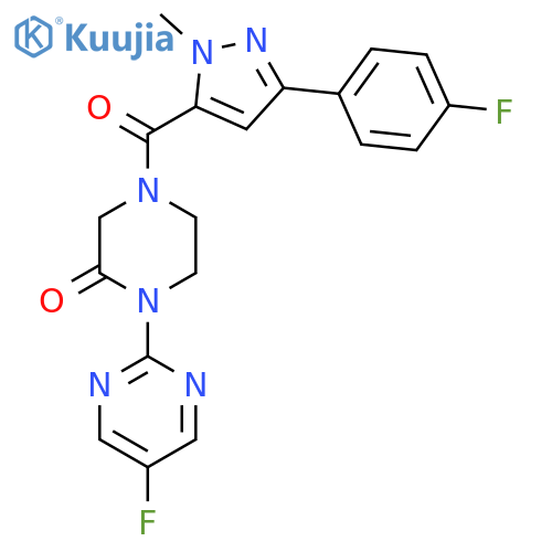 4-3-(4-fluorophenyl)-1-methyl-1H-pyrazole-5-carbonyl-1-(5-fluoropyrimidin-2-yl)piperazin-2-one structure