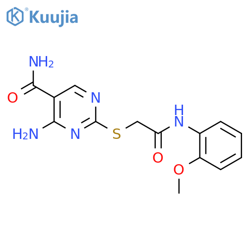 4-amino-2-({(2-methoxyphenyl)carbamoylmethyl}sulfanyl)pyrimidine-5-carboxamide structure