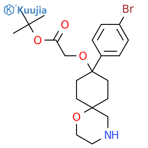 Tert-butyl 2-{[9-(4-bromophenyl)-1-oxa-4-azaspiro[5.5]undecan-9-yl]oxy}acetate structure