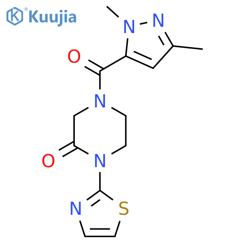 4-(1,3-dimethyl-1H-pyrazole-5-carbonyl)-1-(1,3-thiazol-2-yl)piperazin-2-one structure