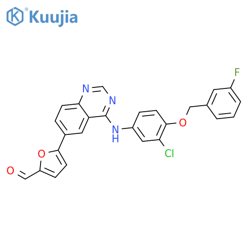 5-4-3-Chloro-4-(3-fluorophenyl)methoxyphenylamino-6-quinazolinyl-2-furancarboxaldehyde structure