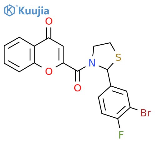 2-(2-(3-bromo-4-fluorophenyl)thiazolidine-3-carbonyl)-4H-chromen-4-one structure