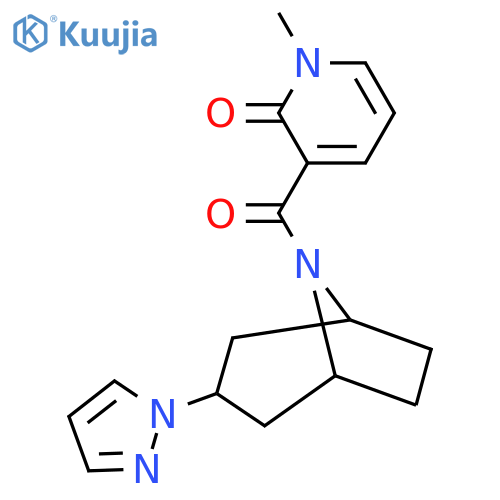 1-methyl-3-3-(1H-pyrazol-1-yl)-8-azabicyclo3.2.1octane-8-carbonyl-1,2-dihydropyridin-2-one structure