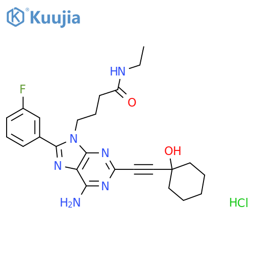 9H-Purine-9-butanamide, 6-amino-N-ethyl-8-(3-fluorophenyl)-2-[2-(1-hydroxycyclohexyl)ethynyl]-, hydrochloride (1:1) structure