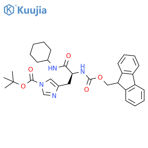 1H-Imidazole-1-carboxylic acid, 4-[(2S)-3-(cyclohexylamino)-2-[[(9H-fluoren-9-ylmethoxy)carbonyl]amino]-3-oxopropyl]-, 1,1-dimethylethyl ester structure