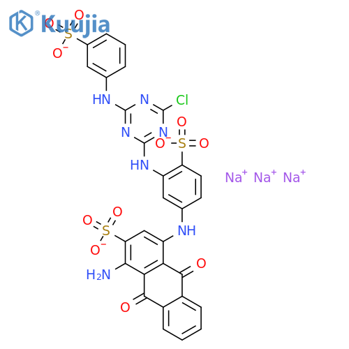 2-Anthracenesulfonicacid,1-amino-4-[[3-[[4-chloro-6-[(3-sulfophenyl)amino]-1,3,5-triazin-2-yl]amino]-4-sulfophenyl]amino]-9,10-dihydro-9,10-dioxo-,sodium salt (1:3) structure