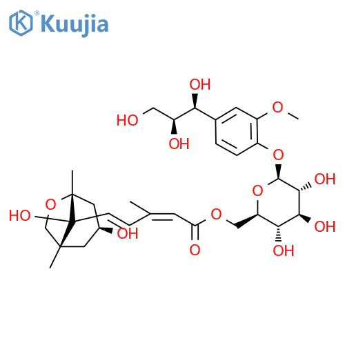 β-D-Glucopyranoside, 2-methoxy-4-[(1S,2S)-1,2,3-trihydroxypropyl]phenyl, 6-[(2Z,4E)-5-[(1R,3S,5R,8S)-3,8-dihydroxy-1,5-dimethyl-6-oxabicyclo[3.2.1]oct-8-yl]-3-methyl-2,4-pentadienoate] structure
