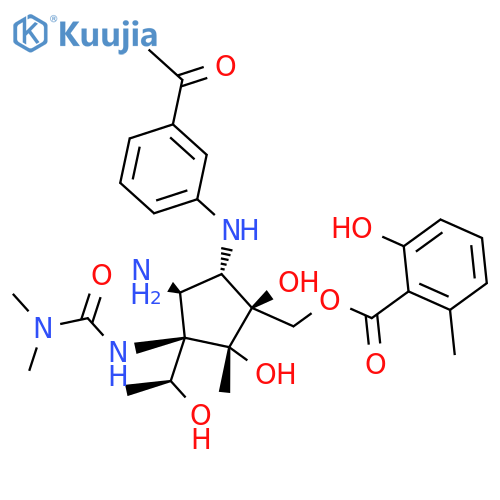Benzoic acid,2-hydroxy-6-methyl-,[(1S,2R,3R,4S,5S)-5-[(3-acetylphenyl)amino]-4-amino-3-[[(dimethylamino)carbonyl]amino]-1,2-dihydroxy-3-[(1S)-1-hydroxyethyl]-2-methylcyclopentyl]methylester structure