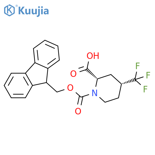 rac-(2R,4S)-1-{[(9H-fluoren-9-yl)methoxy]carbonyl}-4-(trifluoromethyl)piperidine-2-carboxylic acid structure