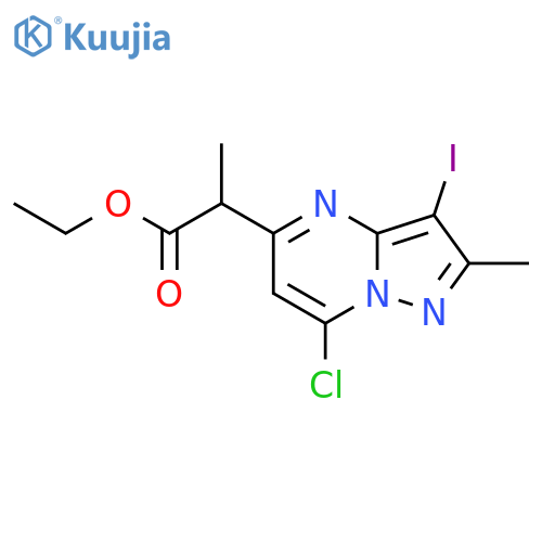 ethyl 2-(7-chloro-3-iodo-2-methyl-pyrazolo[1,5-a]pyrimidin-5-yl)propanoate structure