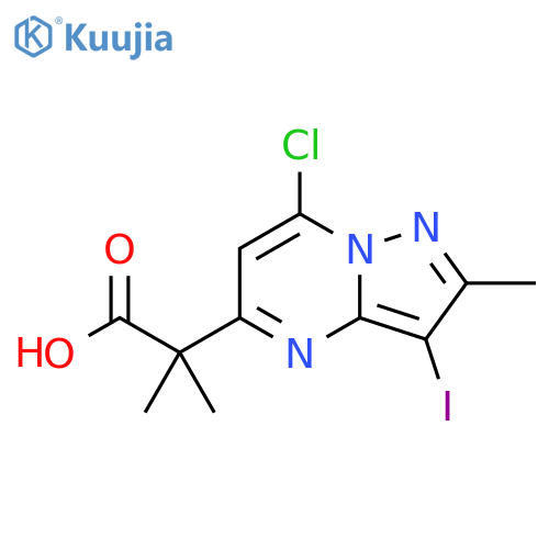 2-(7-chloro-3-iodo-2-methyl-pyrazolo1,5-apyrimidin-5-yl)-2-methyl-propanoic acid structure