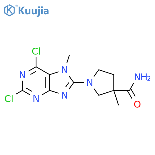 1-(2,6-dichloro-7-methyl-7H-purin-8-yl)-3-methylpyrrolidine-3-carboxamide structure
