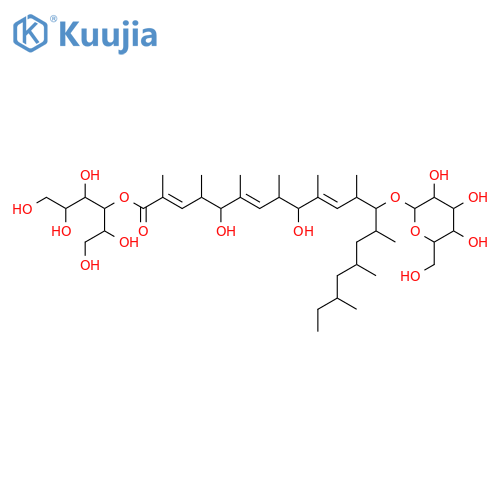 5,9,13-Trihydroxy-2,4,6,8,10,12,14,16,18-nonamethyl-2,6,10-eicosatrienoic acid; (2E,4S,5S,6E,8S,9S,10E,12S,13R,14S,16S,18S)-form, 13-O-β-D-Mannopyranoside, D-mannitol-3-yl ester structure
