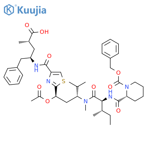 1-(Phenylmethyl) (2R)-2-[[[(1S,2S)-1-[[[(1R,3R)-3-(acetyloxy)-3-[4-[[[(1R,3S)-3-carboxy-1-(phenylmethyl)butyl]amino]carbonyl]-2-thiazolyl]-1-(1-methylethyl)propyl]methylamino]carbonyl]-2-methylbutyl]amino]carbonyl]-1-piperidinecarboxylate structure