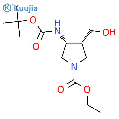 rac-ethyl (3R,4R)-3-{[(tert-butoxy)carbonyl]amino}-4-(hydroxymethyl)pyrrolidine-1-carboxylate structure