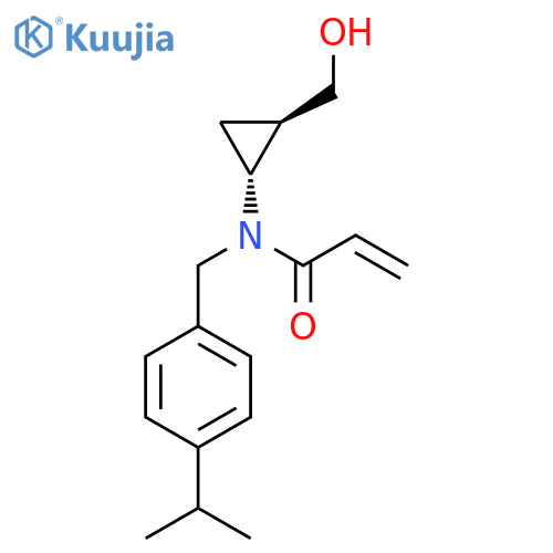 rac-N-(1R,2R)-2-(hydroxymethyl)cyclopropyl-N-{4-(propan-2-yl)phenylmethyl}prop-2-enamide structure
