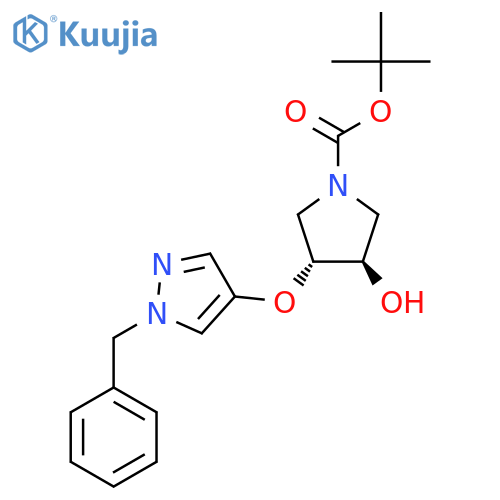rac-tert-butyl (3R,4R)-3-(1-benzyl-1H-pyrazol-4-yl)oxy-4-hydroxypyrrolidine-1-carboxylate structure