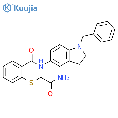 N-(1-benzyl-2,3-dihydro-1H-indol-5-yl)-2-(carbamoylmethyl)sulfanylbenzamide structure