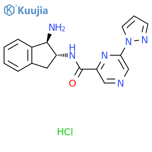 N-[(1R,2R)-1-Amino-2,3-dihydro-1H-inden-2-yl]-6-pyrazol-1-ylpyrazine-2-carboxamide;hydrochloride structure