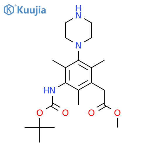 Methyl 2-(3-{[(tert-butoxy)carbonyl]amino}-2,4,6-trimethyl-5-(piperazin-1-yl)phenyl)acetate structure