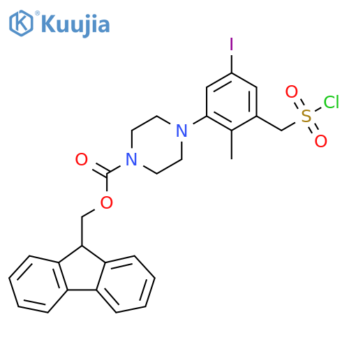 (9H-fluoren-9-yl)methyl 4-{3-(chlorosulfonyl)methyl-5-iodo-2-methylphenyl}piperazine-1-carboxylate structure
