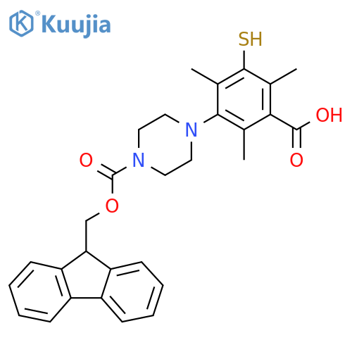 3-(4-{(9H-fluoren-9-yl)methoxycarbonyl}piperazin-1-yl)-2,4,6-trimethyl-5-sulfanylbenzoic acid structure